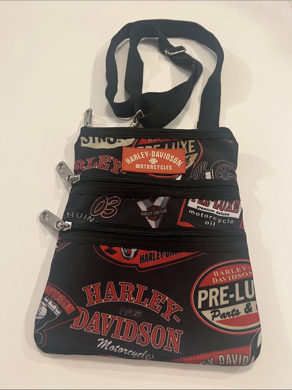 Harley-Davidson Athalon Pre-Luxe Logo Print Crossbody Bag Triple Zip Bikercore